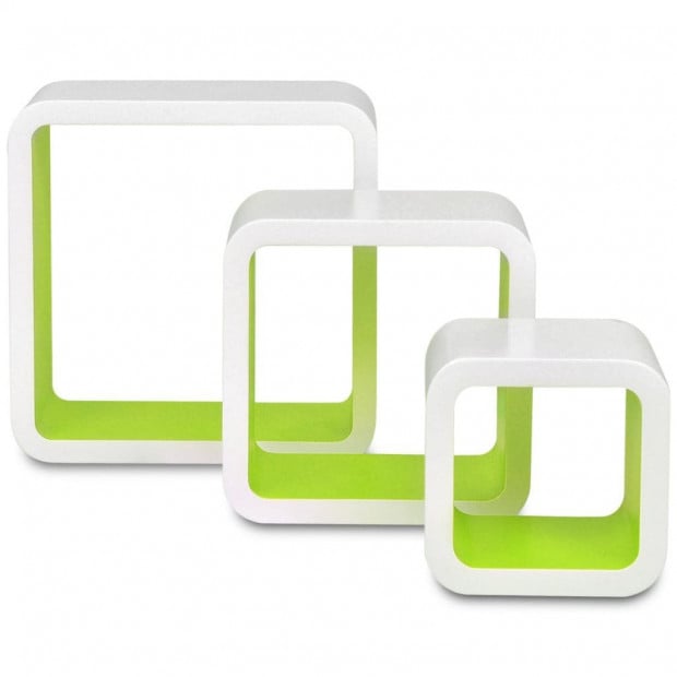 3 White-green Mdf Floating Wall Display Shelf Cubes Book/dvd Storage Image 5