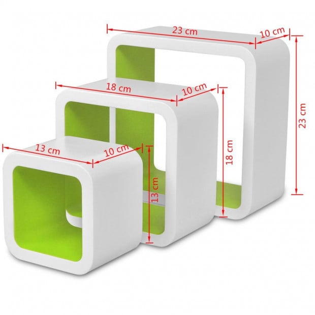 3 White-green Mdf Floating Wall Display Shelf Cubes Book/dvd Storage Image 7
