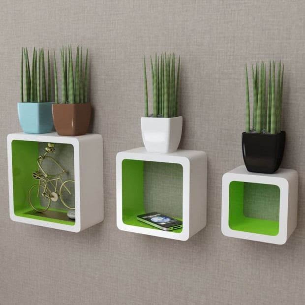 3 White-green Mdf Floating Wall Display Shelf Cubes Book/dvd Storage Image 2