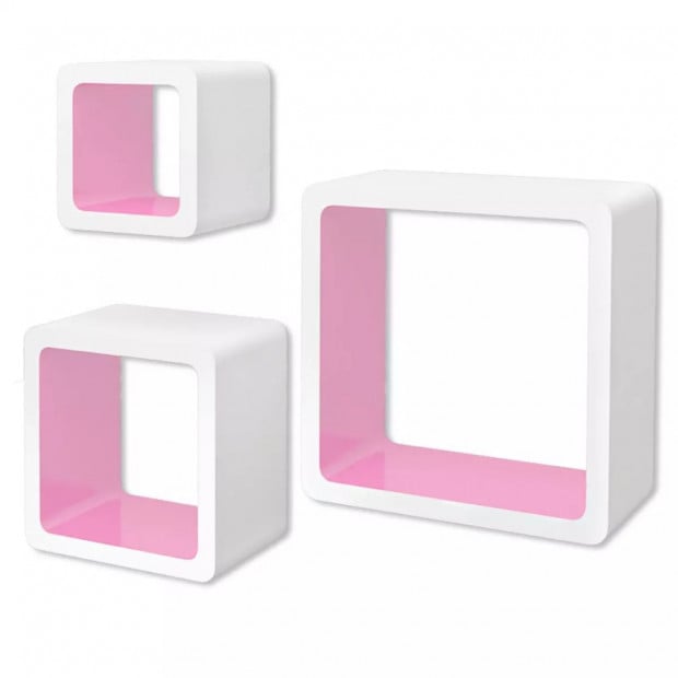 3 White-pink Mdf Floating Wall Display Shelf Cubes Book/dvd Storage
