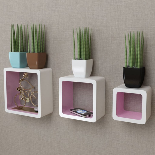 3 White-pink Mdf Floating Wall Display Shelf Cubes Book/dvd Storage Image 2