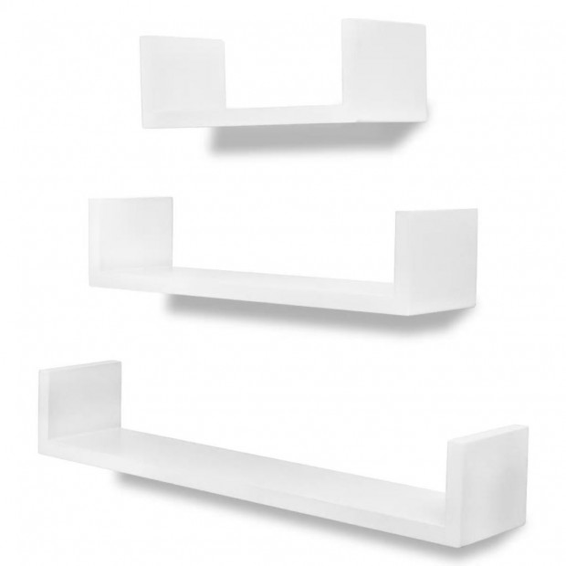 3 White Mdf U-shaped Floating Wall Display Shelves Book/dvd Storage Image 2