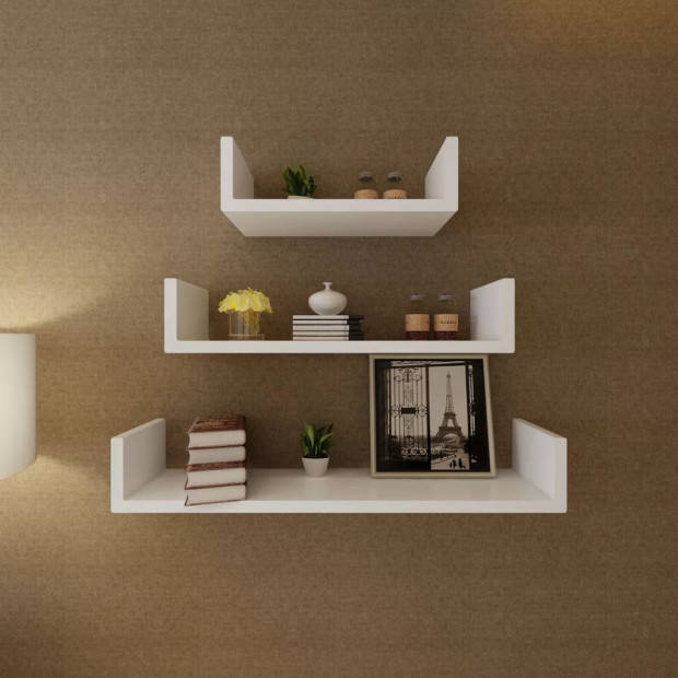 3 White Mdf U-shaped Floating Wall Display Shelves Book/dvd Storage Image 3