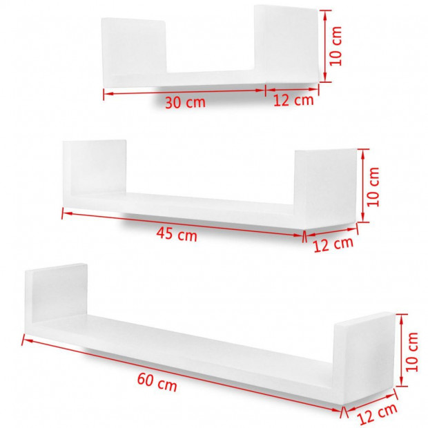 3 White Mdf U-shaped Floating Wall Display Shelves Book/dvd Storage Image 5