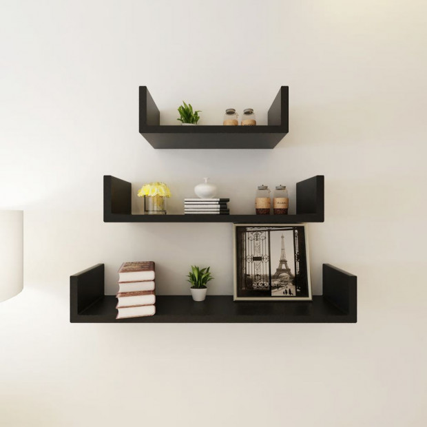 3 Black Mdf U-shaped Floating Wall Display Shelves Book/dvd Storage Image 3