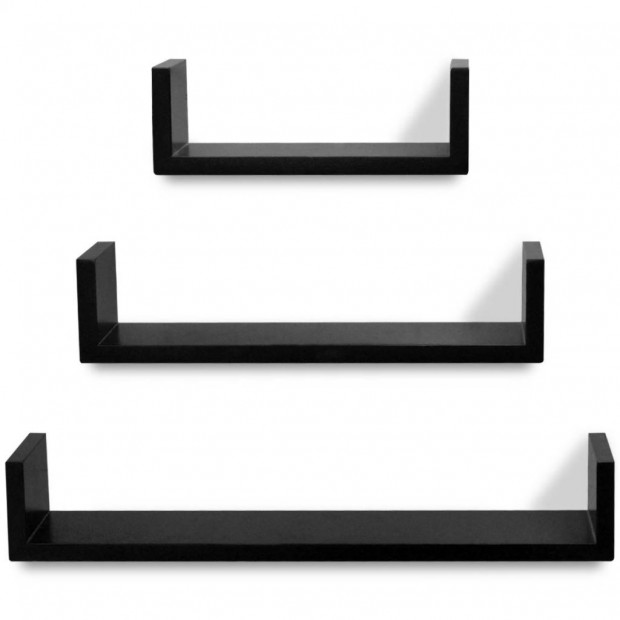 3 Black Mdf U-shaped Floating Wall Display Shelves Book/dvd Storage Image 4