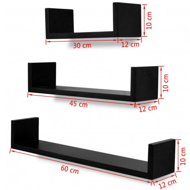 3 Black Mdf U-shaped Floating Wall Display Shelves Book/dvd Storage Image 5