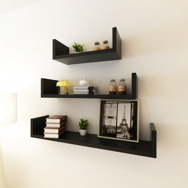 3 Black Mdf U-shaped Floating Wall Display Shelves Book/dvd Storage Image 2