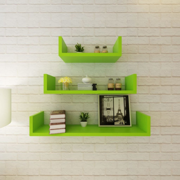 3 Green Mdf U-shaped Floating Wall Display Shelves Book/dvd Storage Image 3