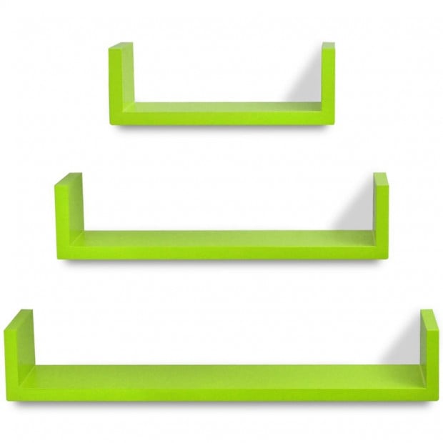 3 Green Mdf U-shaped Floating Wall Display Shelves Book/dvd Storage Image 4
