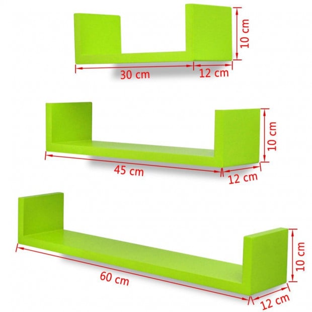 3 Green Mdf U-shaped Floating Wall Display Shelves Book/dvd Storage Image 5