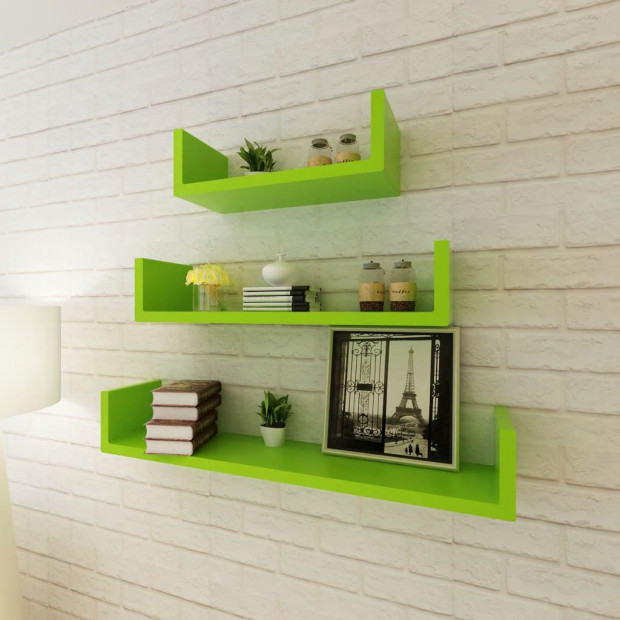 3 Green Mdf U-shaped Floating Wall Display Shelves Book/dvd Storage Image 2