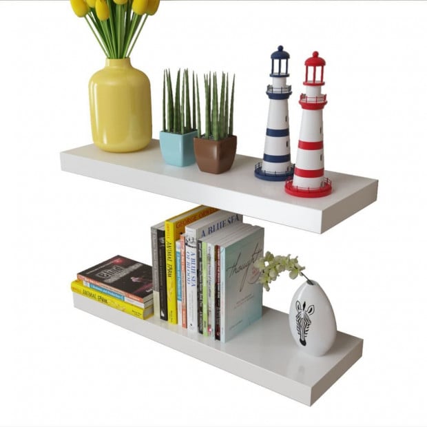 2 White Floating Wall Display Shelves Book/dvd Storage Image 3