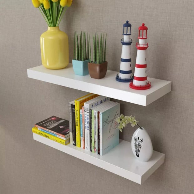 2 White Floating Wall Display Shelves Book/dvd Storage Image 2