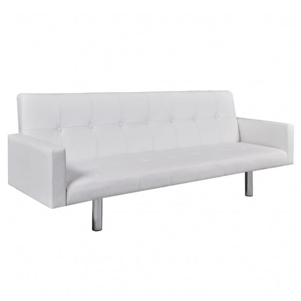 Sofa Bed With Armrest White Artificial Leather