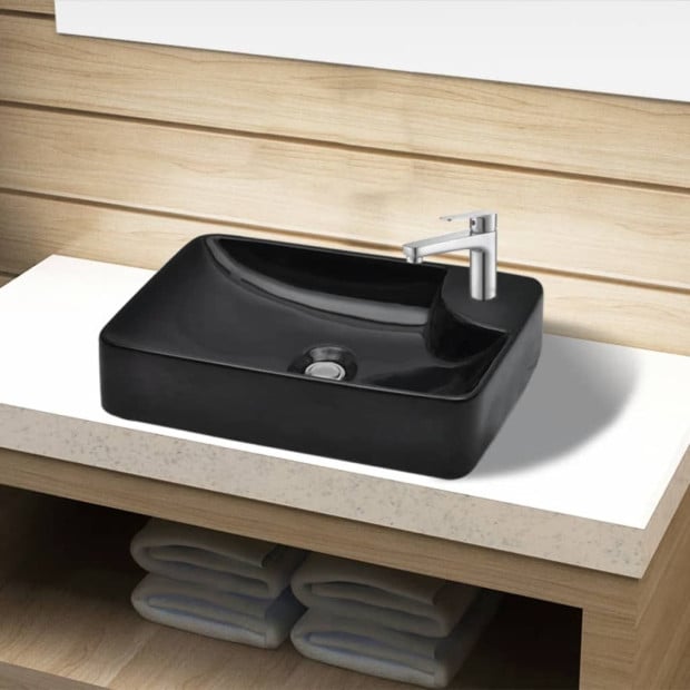 Ceramic Bathroom Sink Basin With Faucet Hole Black - Above Counter