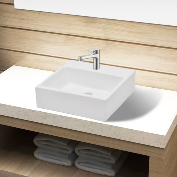 Ceramic Sink  Bathroom Basin w/ Faucet Hole White Square Image 2