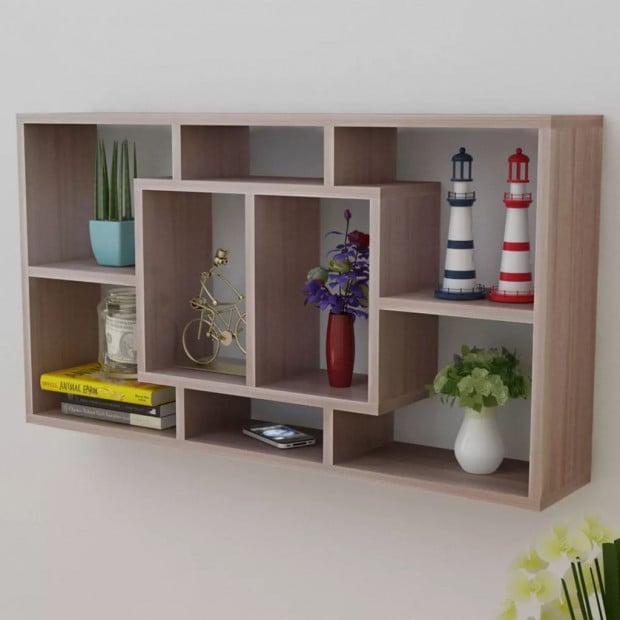 Floating Wall Display Shelf 8 Compartments Oak Colour Image 3