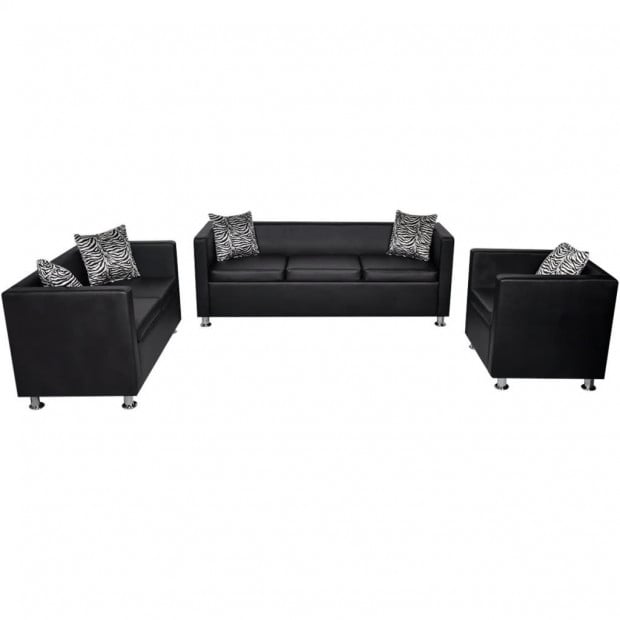 Sofa Set Artificial Leather 3-seater 2-seater Armchair Black Image 2