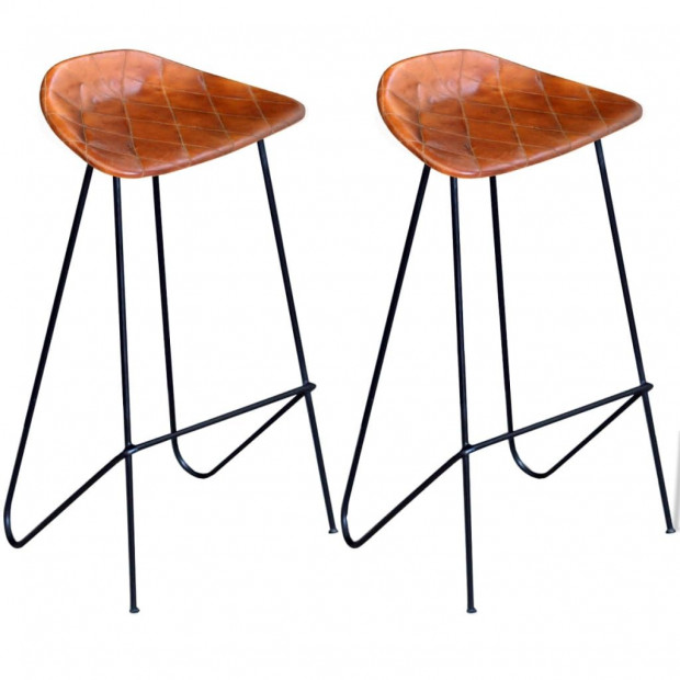 Bar Chair 2 Pcs Real Leather Brown