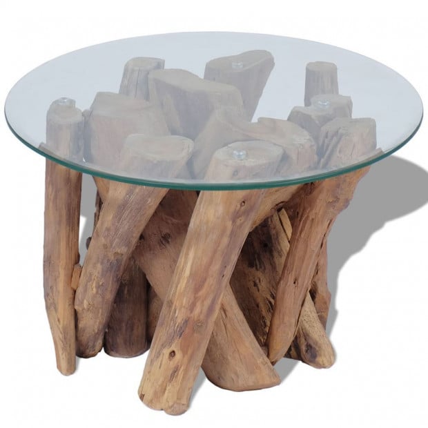 Coffee Table Solid Teak Base Tempered Glass Tabletop 60 Cm