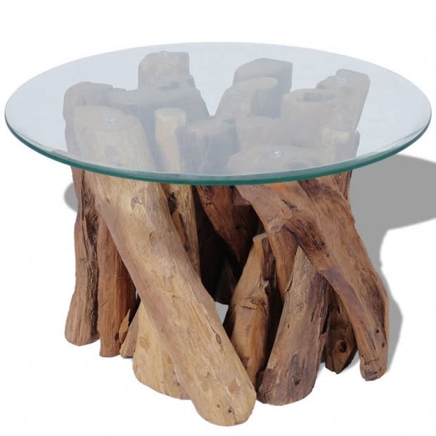 Coffee Table Solid Teak Base Tempered Glass Tabletop 60 Cm Image 2