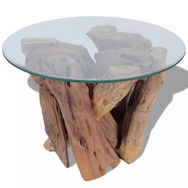 Coffee Table Solid Teak Base Tempered Glass Tabletop 60 Cm Image 3
