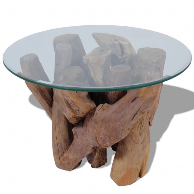 Coffee Table Solid Teak Base Tempered Glass Tabletop 60 Cm Image 4