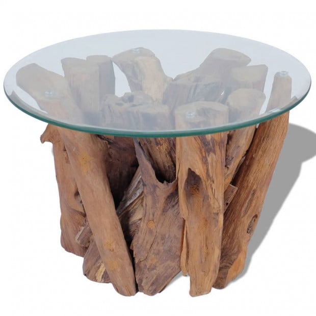 Coffee Table Solid Teak Base Tempered Glass Tabletop 60 Cm Image 5