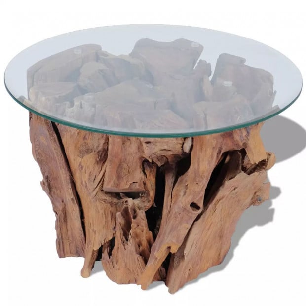 Coffee Table Solid Teak Driftwood Base Tempered Glass Tabletop 60 Cm