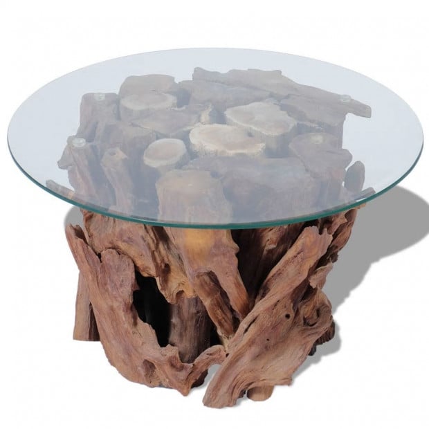 Coffee Table Solid Teak Driftwood Base Tempered Glass Tabletop 60 Cm Image 2