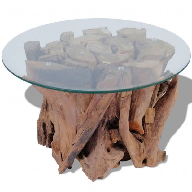 Coffee Table Solid Teak Driftwood Base Tempered Glass Tabletop 60 Cm Image 3