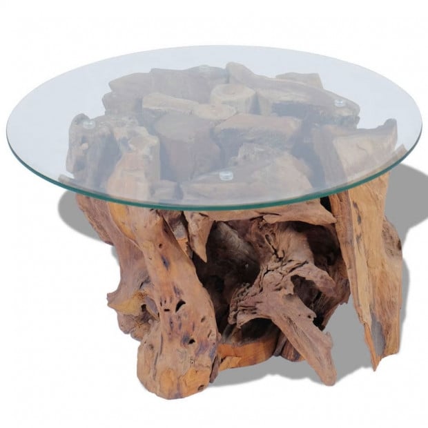 Coffee Table Solid Teak Driftwood Base Tempered Glass Tabletop 60 Cm Image 4