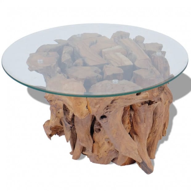Coffee Table Solid Teak Driftwood Base Tempered Glass Tabletop 60 Cm Image 5