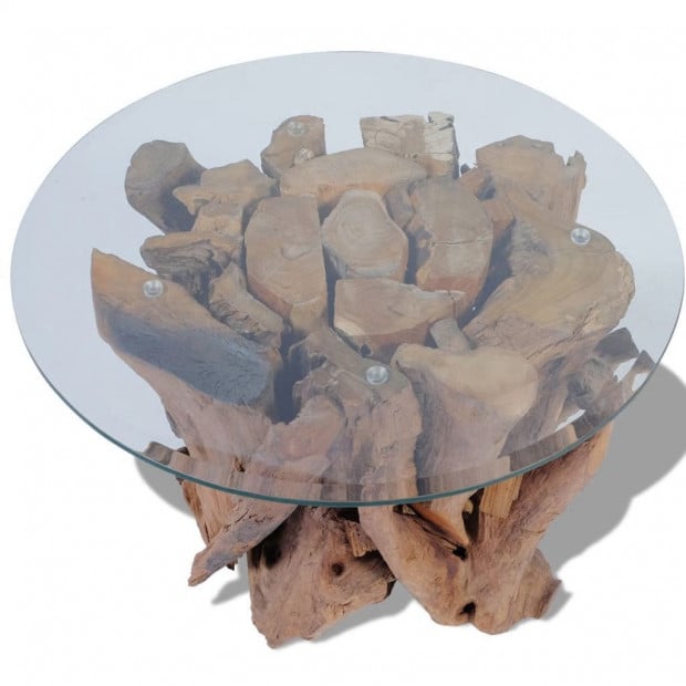 Coffee Table Solid Teak Driftwood Base Tempered Glass Tabletop 60 Cm Image 6