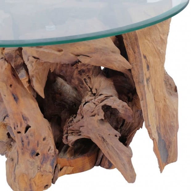 Coffee Table Solid Teak Driftwood Base Tempered Glass Tabletop 60 Cm Image 7