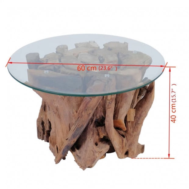 Coffee Table Solid Teak Driftwood Base Tempered Glass Tabletop 60 Cm Image 8
