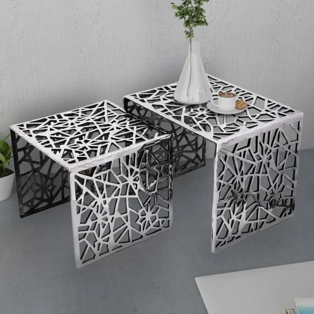 Two Piece Side Tables Square Aluminium Silver Image 2