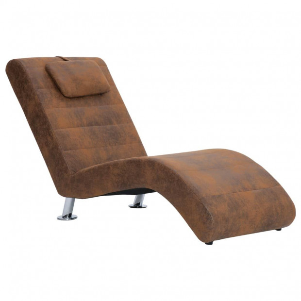 Chaise Longue With Pillow Brown Faux Suede Leather