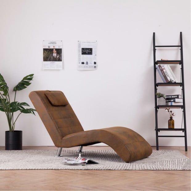 Chaise Longue With Pillow Brown Faux Suede Leather Image 2