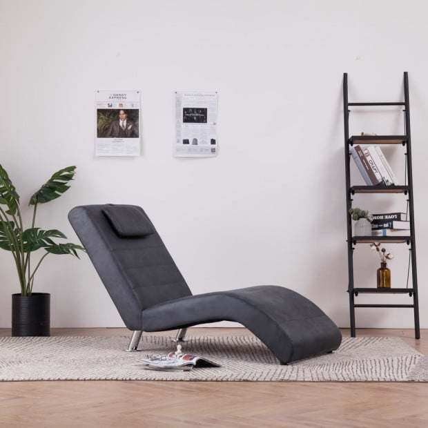 Chaise Longue With Pillow Grey Faux Suede Leather Image 2
