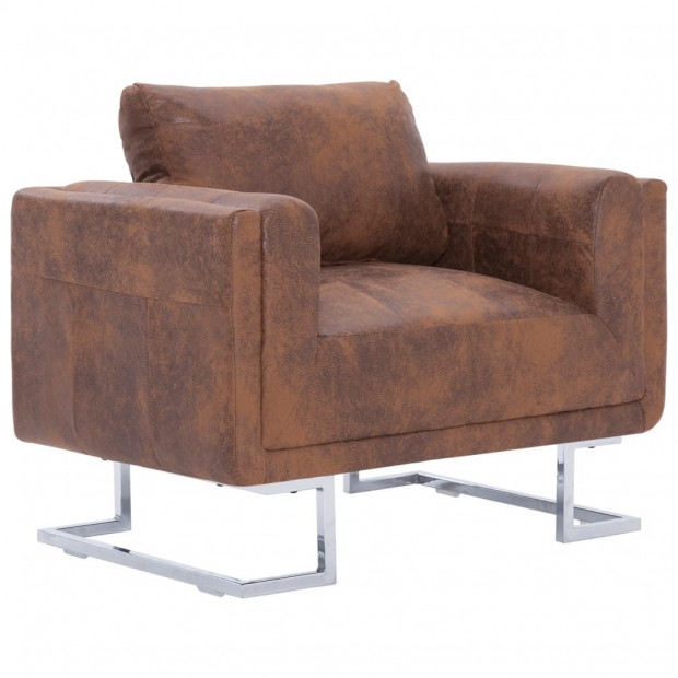 Cube Armchair Brown Faux Suede Leather Image 2