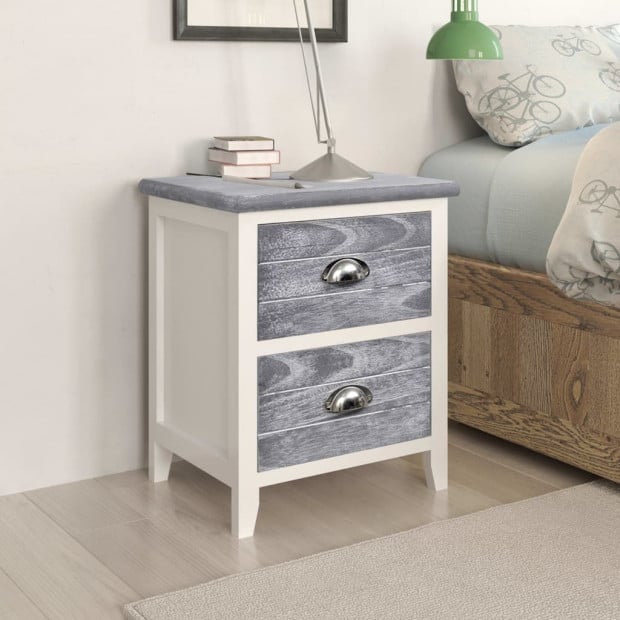 Nightstand Grey And White 38x28x45 Cm Paulownia Wood Image 2