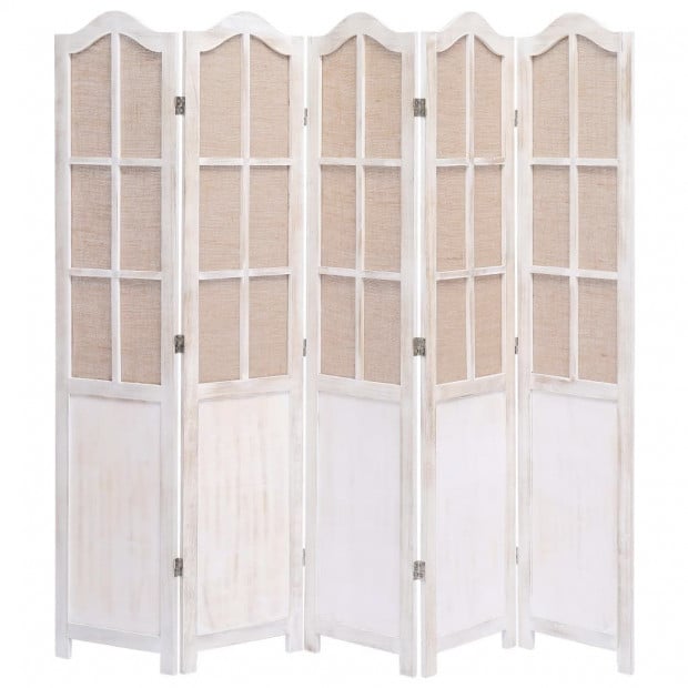 5-panel Room Divider White 175x165cm Fabric Brown