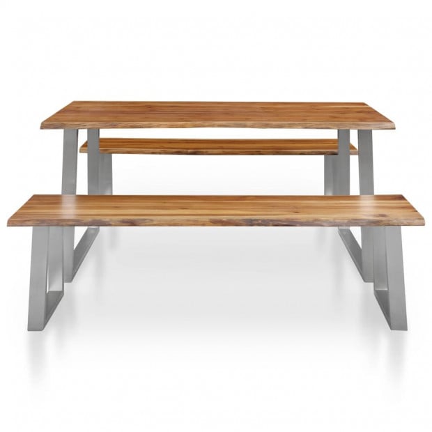 3 Piece Dining Set Solid Acacia Wood Brown Image 2