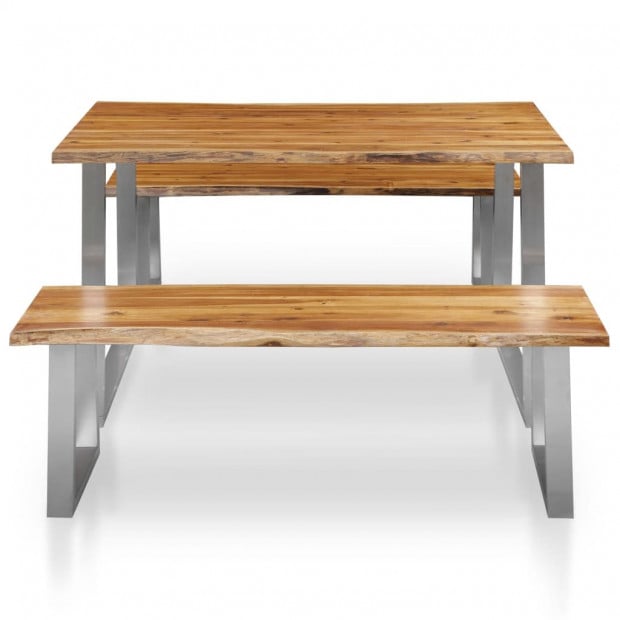 3 Piece Dining Set Solid Acacia Wood Brown Image 2