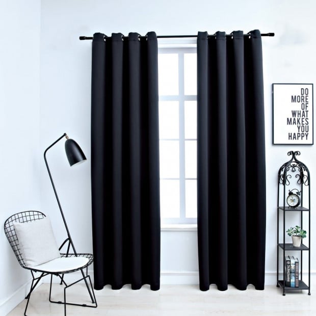 Blockout Curtains With Metal Rings 2 Pcs Black 140x245 Cm Image 2