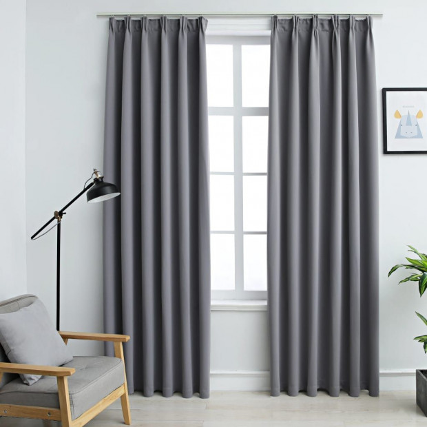 Blockout Curtains With Hooks 2 Pcs Grey 140x245 Cm Image 2