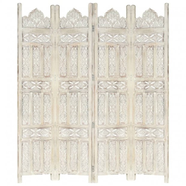 Hand Carved 4-panel Room Divider White 160x165 Cm Solid Mango Wood - Classic Style