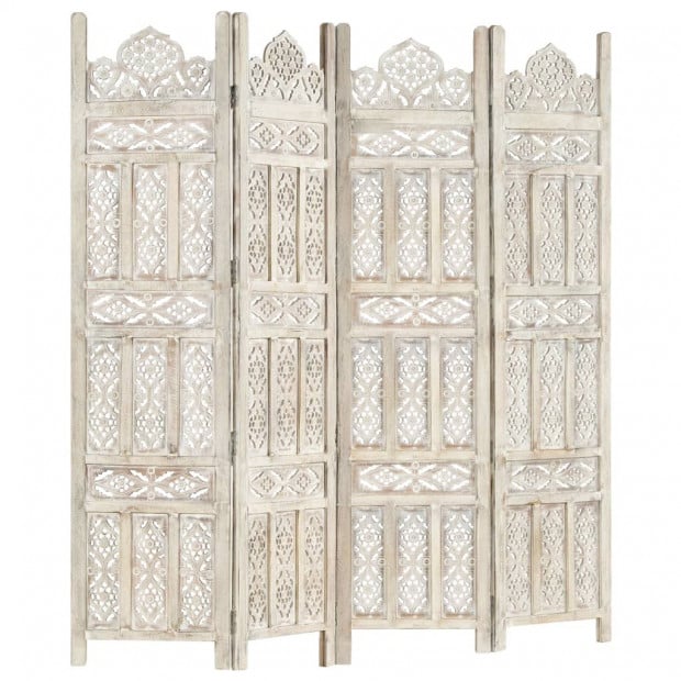 Hand Carved 4-panel Room Divider White 160x165 Cm Solid Mango Wood - Classic Style Image 5